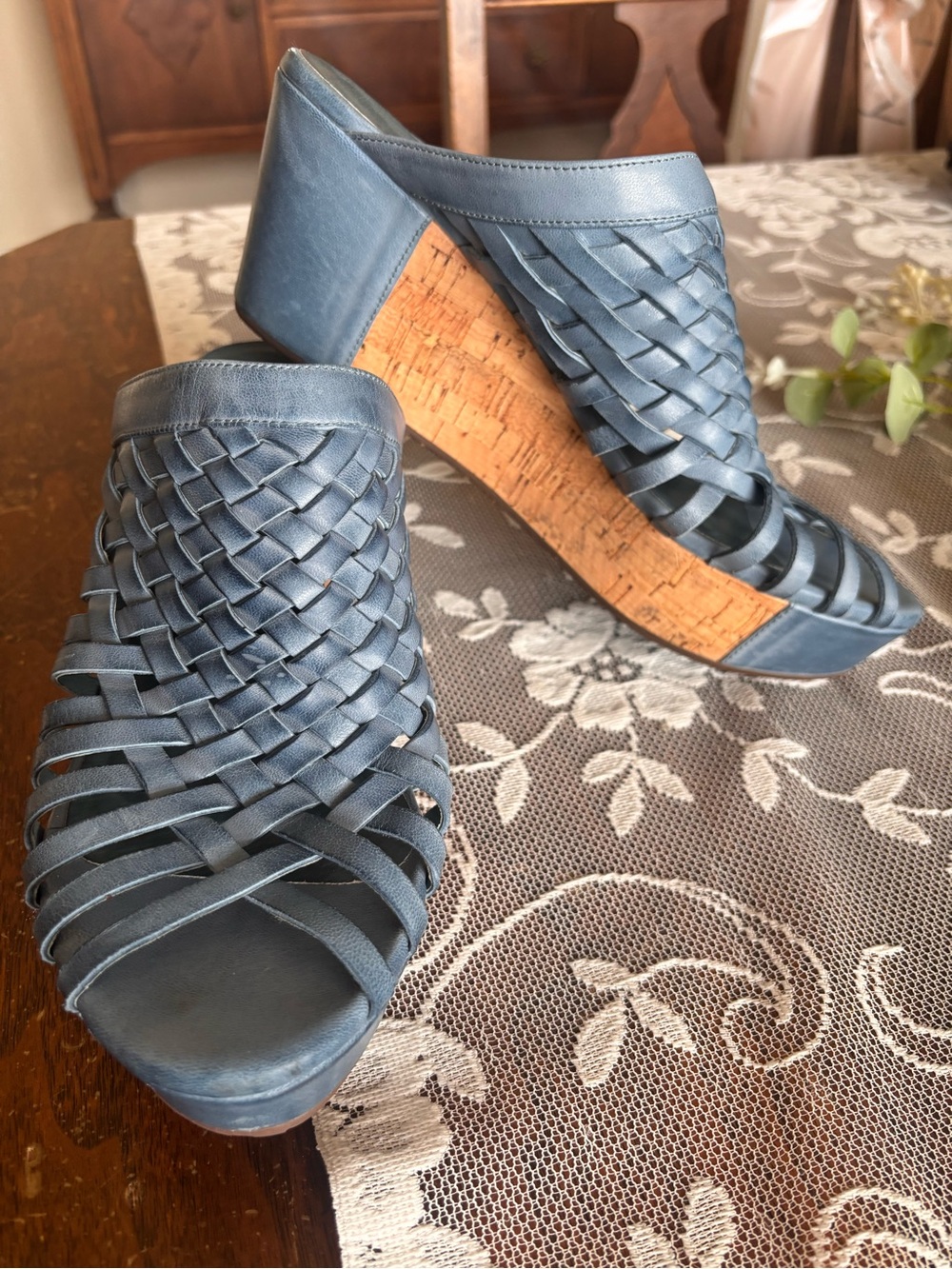 Chocolat Blu Waldo Woven Open-Toe Wedge Leather Sandals - Dusty Blue, size 10